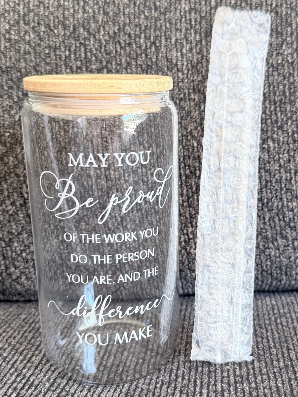 Inspirational Glass tumbler with Bamboo Lid and straw  16oz